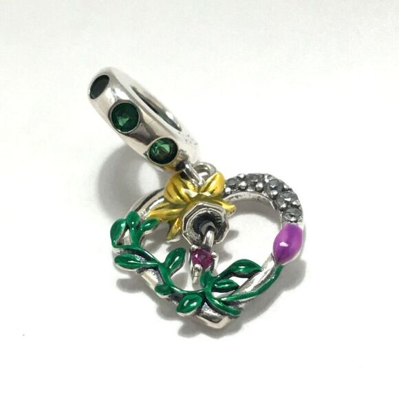 Sterling Silver 925 Charm Daffodil Flower Heart CZ Green Enamel For DIY Bracelet - Picture 7 of 9